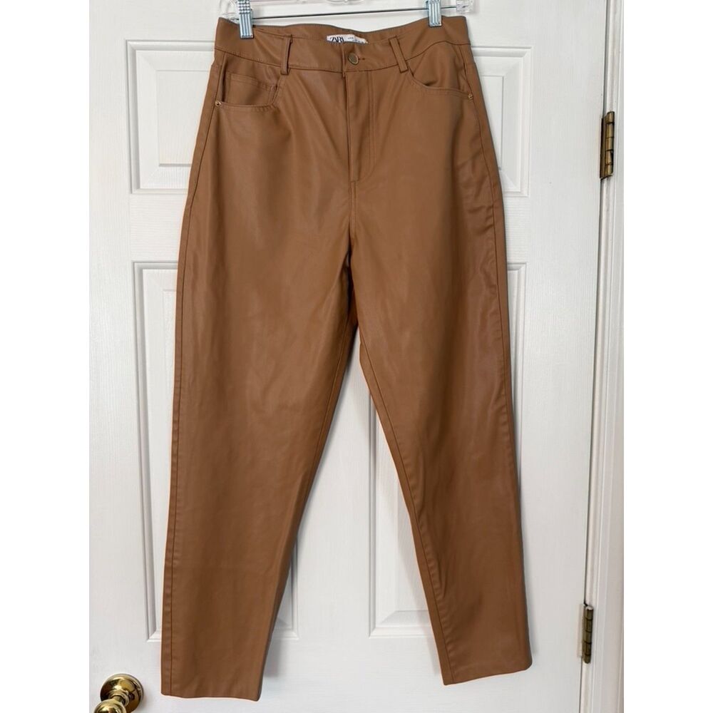 ZARA Faux Leather High Rise Straight Leg Pants Tan Camel Brown - Size Medium (EU